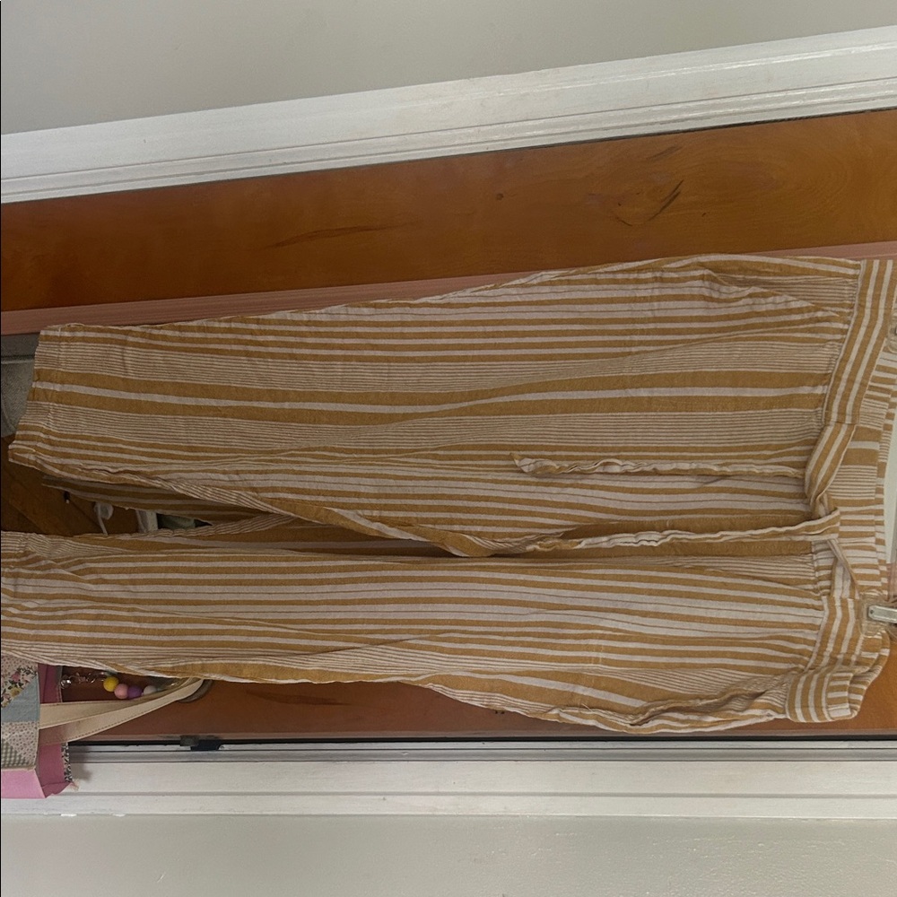 Ladies’ Casual Striped Linen Blend Pants - Tan & White